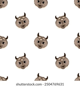 Búhos sin patrón. Estilo escandinavo. Búhos marrones sonrientes lindos de orejas largas. Fondo infantil de pájaros búho dibujado a mano. Ilustración vectorial para telas, textiles, ropa, Fondo de pantalla, impresión.