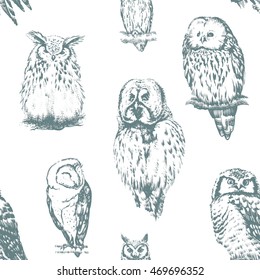 Owls seamless pattern. Vector background.