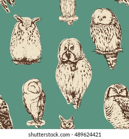 Owls seamless pattern. Vector background.