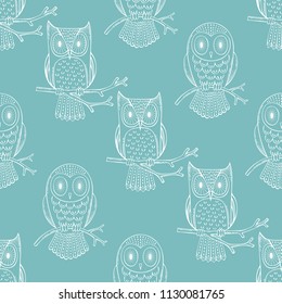 Owls seamless pattern. White outline owls on blue background. Vector boundless background for your design.