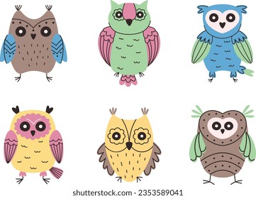 Owls set  with geometric ornament. Vector birds with patterns on wings. Design for postcards and clothes