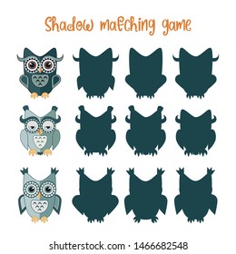 Owls shadow matching game for education vector quiz design