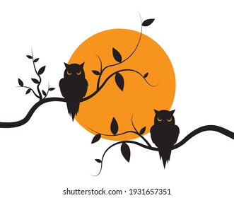 Owls silhouettes on branch on sunset, vector. Two owls silhouette on the tree, illustration isolated on white background. Cartoon illustration. Wall art, artwork, wall decals. Minimalist poster design