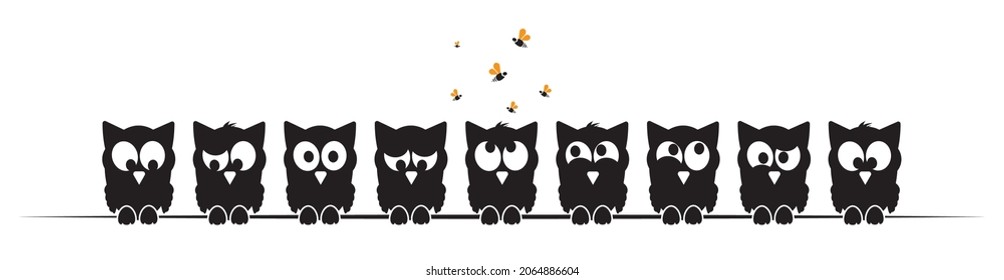 Owls Silhouettes On Wire, Vector. Funny Cartoon Illustration. Children Wall Decals, Kids Wall Artwork Isolated On White Background, Minimalist Poster Design