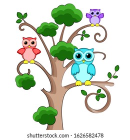 
Owls sit on a tree with green leaves
