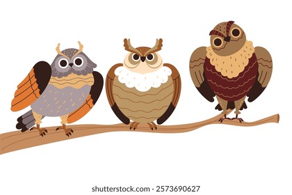 Owls sitting on branch characters concept. Vector graphic design illustration