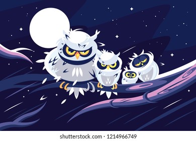 Owls sitting on branch in front of full moon. Darkness night background. Flat. Vector illustration.
