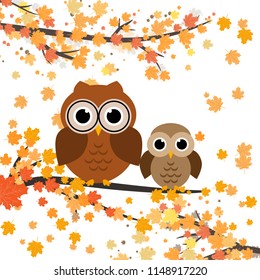 Owls sitting on a branch with leaves.Autumn vector illustration. Falling orange leaves. Cute owl character. 