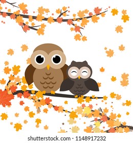 Owls sitting on a branch with leaves.Autumn vector illustration. Falling orange leaves. Cute owl character. 