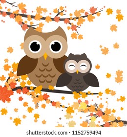 Owls sitting on a branch with leaves.Autumn vector illustration. Falling orange leaves. Cute owl character. 