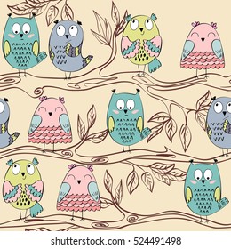 Owls sitting on a tree branch. Seamless pattern.