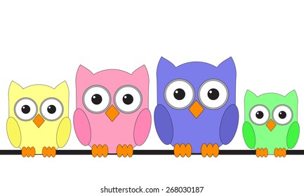 Owls are sitting on a wire cartoon with big eyes
