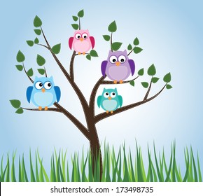 Owls sitting in a tree with sky and grass