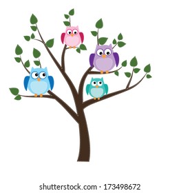 owls sitting in a tree with white backgraound