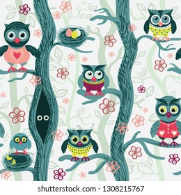 Owls in spring seamless pattern in Scandinavian style. Owls on a tree in a spring forest. Birds waiting for love. Vector background for fabric, textile, wallpaper, posters, gift wrapping paper, 