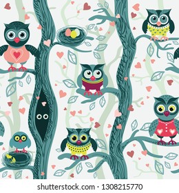 Owls in spring seamless pattern in Scandinavian style. Owls on a tree in a spring forest. Birds waiting for love. Vector background for fabric, textile, wallpaper, posters, gift wrapping paper, 