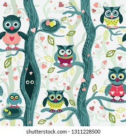 Owls in spring seamless pattern in Scandinavian style. Owls on a tree in a spring forest. Birds waiting for love. Vector background for fabric, textile, wallpaper, posters, gift wrapping paper, napkin