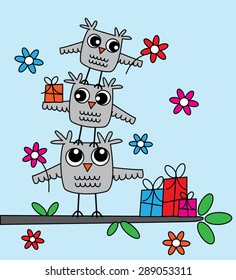 Owls standing on tree branch with gifts. Ideal for happy birthday