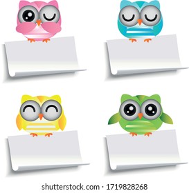  owls with stick note a vector illustration with copy space. 