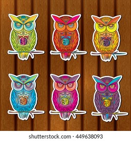 owls sticker set of multicolored owls on wooden in vector