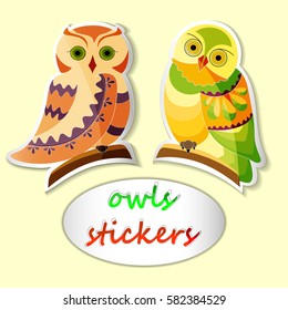 Owls stickers,  vector illustration. 