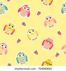 Owls and strawberry seamless pattern