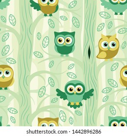 Owls in the summer forest seamless pattern. Owls on a tree. Vector background for fabric, textile, wallpaper, posters, gift wrapping paper, napkin, pajamas. Print for children. 