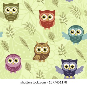 Owls in the summer seamless pattern. Owls and flowers. Vector background for fabric, textile, wallpaper, posters, gift wrapping paper, napkin, pajamas. Print for children, baby 