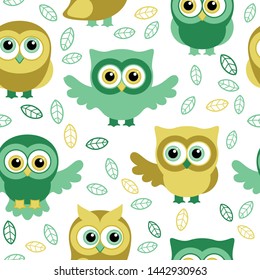 Owls in the summer seamless pattern. Owls and leaves. Vector background for fabric, textile, wallpaper, posters, gift wrapping paper, napkin, pajamas. Print for children, baby 