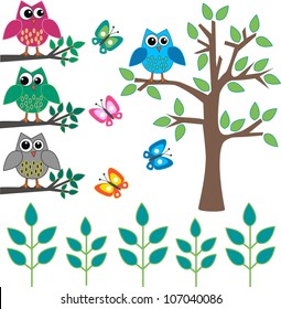 owls tree butterflies design element