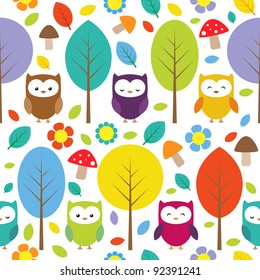Owls, trees, leafs, mushrooms and flowers - seamless forest pattern
