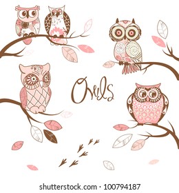 Owls, trendy card with owls sitting on the brunches