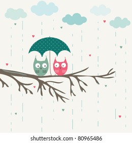 Owls  under umbrella, romantic card