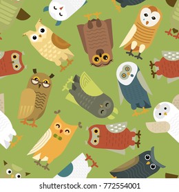 Owls vector cartoon cute bird set owlet character kids animal baby art for children owlish collection isolated on background seamless pattern background