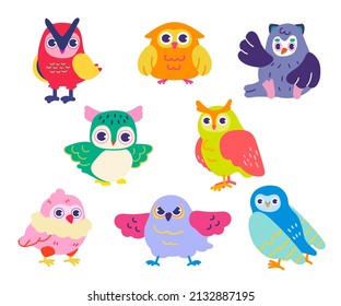Owls, Vector flat illustration for wild animals, Cute, Colorful characters
