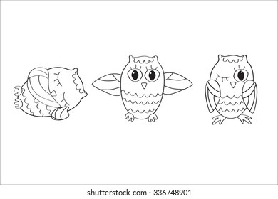 Owls vector hand drawing illustration set
