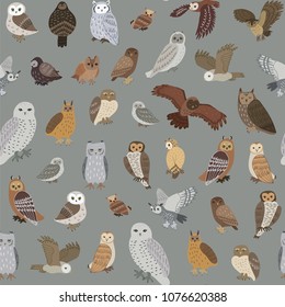 Owls vector hand drawn illustrations seamless pattern