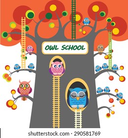 Owls vector illustration. Owl School Tree with ladders and lot of owlets on branches of great autumn tree.  Big owl  sleep in tree hole. Autumn day. Cute cartoon characters. Eps 10.