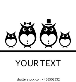 Owls vector logo. Isolated black sign birds. Silhouette family birds. Sign bride and groom. Pictograph wedding. Symbol Love. Icon mam, dad and childrens. Happiness element. Sign love. Monochrome icon.