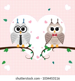 Owls vector. Owls on the brunches, hearts, leaves in the air. Spring motives.Vector Illustration. 