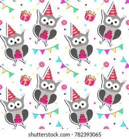 Owls in vector. Seamless pattern can be used for wallpapers, pattern fills, web page backgrounds, surface textures, post cards. Happy Birthday background