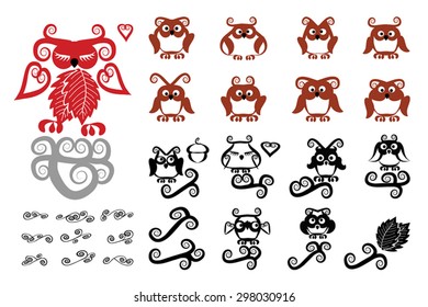 Owls vector set. Cartoon Owls sitting on branches. Owls and Swirls. Collection of owl icons. Celtic ornament style vector vignettes. Education concept. For page design. Eps 10.