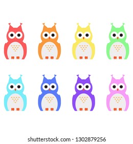 Owls vector set. Different raibow colours. Flat style 