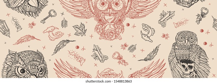 Owls, vintage seamless pattern. Old school tattoo style. Fairy tale art. Magic birds. Retro traditional tattooing background 