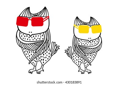 Owls wearing glasses illustration, Art colouring book, hand drawn, illustration bird, T-shirt Graphics, cute cartoon characters 