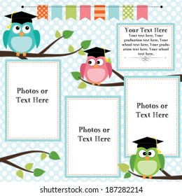 Owls wearing graduation caps with banner or bunting for text, layout for photos, text or scrapbooking, vector format