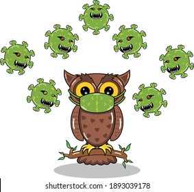 owls wearing masks are being surrounded by the coronavirus