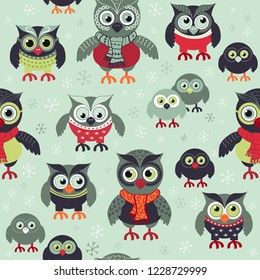 Owls in winter seamless pattern. Seamless Christmas pattern. Scandinavian style. Birds waiting for christmas. Vector background for fabric, wallpaper, posters, advertising posters, children's prints