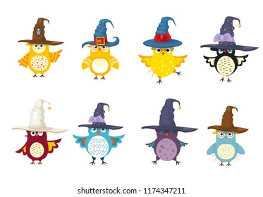 owls in witch hats, set