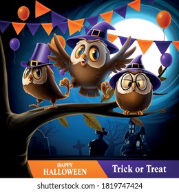 owls with wizard hat celebrate halloween night with a party